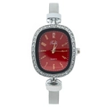 Women's quartz watch with red oval dial, rhinestone bezel, and silver mesh band - Red