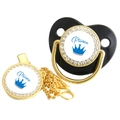 Detail of black and gold baby pacifier set with rhinestone crown and Prince lettering - 11-Gold Prince (Black Shield)