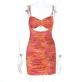 Detail of orange gradient summer dress featuring butterfly print and ruched hollow out design - S / Orange