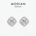 Elegant S925 sterling silver hollow geometric earrings with square diamond halo design - 925 Silver / Silver