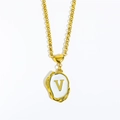 Golden necklace with a white enamel letter V pendant on a sleek O-chain with heart clasp - Letter-V