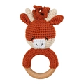 Handmade crochet baby rattle with cute deer head and smooth natural wooden ring - Orange Cow