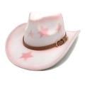 Close-up of pink star patterns and leather belt detail on a western cowboy hat - M(56-58cm) / White