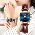Montre quartz homme avec boîtier doré, cadran bleu et bracelet en cuir marron - Style Femme / Cuir Brun Boîtier Or Cadran Bleu