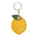 Cute yellow lemon shaped leather AirTag case with green leaf and gold keychain loop - Yellow Lemon