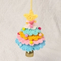 Handmade crochet Christmas tree ornament with layered colors, pink bows and gold bell - Gradient Blue Christmas Car Hanging (With Large Bell)