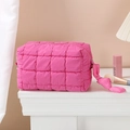 Pink quilted portable makeup bag with knot handle and large storage capacity - Octagonal Pouch / Rose Red