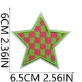 Close-up of star embroidery patch with pink and green checkerboard and size dimensions - Style 2 (Pink Green Checkerboard Star - Alt)