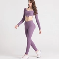 Set yoga a coste senza cuciture viola con crop top a maniche lunghe e leggings a vita alta - Viola