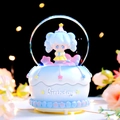 Blue birthday cake crystal ball music box with cute girl figurine and pink party hat - Medium 80 Light + Music / 8013 Blue Hair Girl