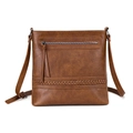 Detailed view of brown PU leather crossbody bag with front zipper pocket and braided design. - Brown