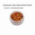 Macro detail of laser light copper nail glitter powder mix in a transparent jar - Laser Light Copper