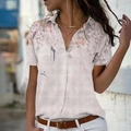 Women's casual short sleeve button-up V-neck shirt with floral and bird print on beige base - S / Tops / T-Shirts / Pink