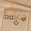 Golden clover jewelry set with black enamel and white zircon including necklace and ring - Gold Black Set