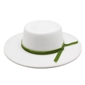 Elegant white wool felt boater hat with a dark green velvet ribbon trim on white background - White