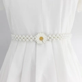Elegant white faux pearl waist belt for women with daisy flower metal buckle decoration - Silver Daisy