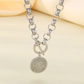 Close-up of silver Saint Benedict medal pendant on chunky chain with religious engraving - Necklace (KN291443-Z)