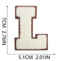 Detail view of 7cm white chenille letter L patch with brown felt base and dimensions - Letter L