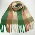 Checkered winter scarf with green and pink tones, plush knit fabric and long tassels - 19# (Green Pink Beige Brown Plaid)
