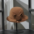 Detailed view of dark brown wool dome hat with hand-woven floral and leaf decor - M (56-58cm) / Brown