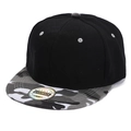 Detail of a black snapback cap featuring a grey camouflage flat brim and reflective sticker - Adult Size (58cm) / Black with White Camo Brim
