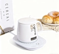 White ceramic mug set with lid and spoon on a matching circular electric heating coaster - Set (3-Speed/USB) / White
