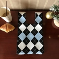 Knit tote bag with blue and white diamond pattern on a dark wooden table background - Blue Rhombus
