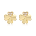 Macro detail of 18K gold plated four-leaf clover stud earrings with clear zircon stones - Gold White Zircon Clover