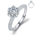 Adjustable S925 silver ring with six-prong moissanite stone and braided pave band - Adjustable Open / Lucky Goddess Woven Texture Style (1 Carat Effect)