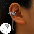 Silver ear cuff with square and pear zircon studs and long elegant tassel chain - White K - Long Chain Tassel Style (8334)