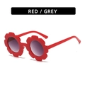Red flower shaped sunglasses for kids with grey lenses and white background display - Glossy Red Frame Grey Lens