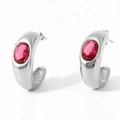 Polished silver stainless steel C-shaped hoop earrings with oval pink gemstone inlays - Silver Base Red Stone (PDE860)