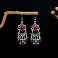 Bohemian vintage tassel drop earrings in silver with red and turquoise beads - Antique Silver + Red Blue Beads Tassel (E5233-1)