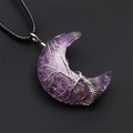 Handmade crescent moon tree of life necklace with purple amethyst stone crystals - Amethyst Moon Pendant-Wax Rope
