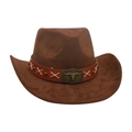 Brauner Western Cowboyhut mit Lederband und metallenem Bullenschädel-Emblem - Einheitsgröße / Kaffeebraun