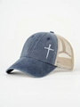 Detail of cross embroidery on vintage washed denim trucker hat with breathable mesh - Navy Blue