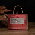 Traditional Chinese dark red wedding candy gift box with elegant calligraphy on wood - Small (with Leather Handle) / T019-3 Dark Red (Morning to Night)