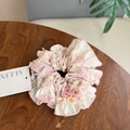 Floral scrunchie with pink trim, bow and button detail on a rustic wood surface - Floral Pink Edge - Bowknot Button Flower Scrunchie