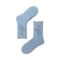 Detail of blue cotton socks with cartoon cat eating cake and delicate floral lace hem - 35-39 / Cat with Cake