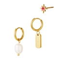 Golden earring set featuring octagonal star stud, pearl hoop, and DREAM engraved charm - Gold Pearl Dream Tag Set (#37)
