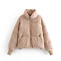 Women's beige puffer jacket with stand collar and quilted design on white background - XS / Tops / Khaki
