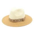 Minimalist two-tone Panama straw hat with geometric ribbon band for summer beach sun protection - M(56-58cm) / Cream White + Khaki