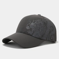 Detail of the quick-dry breathable mesh fabric and grey dragon pattern on baseball cap - Dark Gray