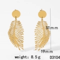 Detailed dimensions of 316L stainless steel gold feather drop earrings 51mm by 19mm - Feather Gold (D3104)