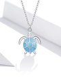 Detailed view of silver sea turtle pendant with light blue shell and sparkling crystal eyes - SCN446 Blue Sea Turtle Pendant Necklace