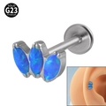 G23 titanium internal thread labret stud with three blue opal marquise stones - Silver/Blue Opal