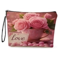 Pink rose floral print makeup bag with Love decorative card and black zipper - Rose Tea Cup Heart Style With Wrist Strap (xy-050-1)