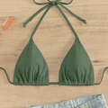 Close-up of olive green halter bikini top with ruched detailing on a beach-themed background - Army Green