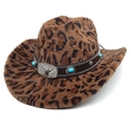 Detailed view of leopard print fedora with brown leather band and silver bull head buckle - M (56-58cm) / Straight Top / Dark Coffee