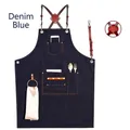 Durable denim work apron in navy blue with leather cross-back straps and tool pockets - New Leather Strap Blue Denim with Metal Loop